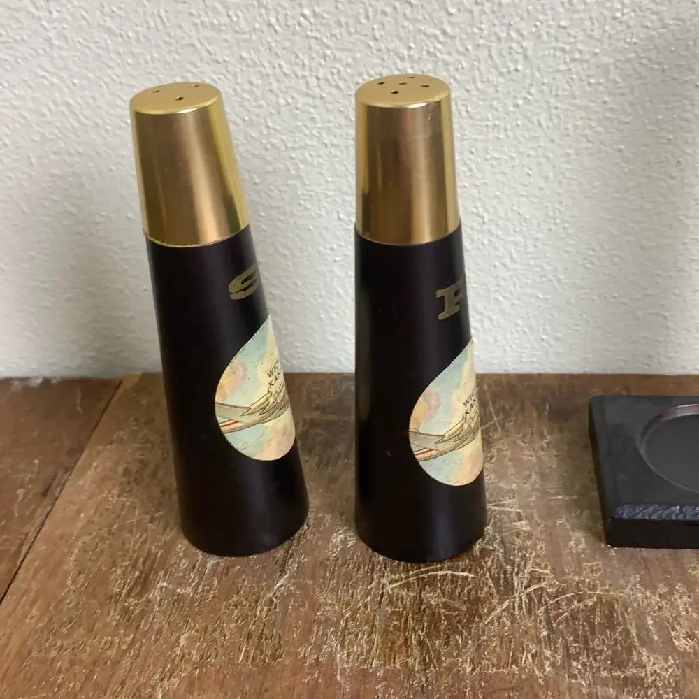 Mid Century Modern 3 PC Black Gold Wichita Kansas Salt Pepper‎ Shakers Souvenir